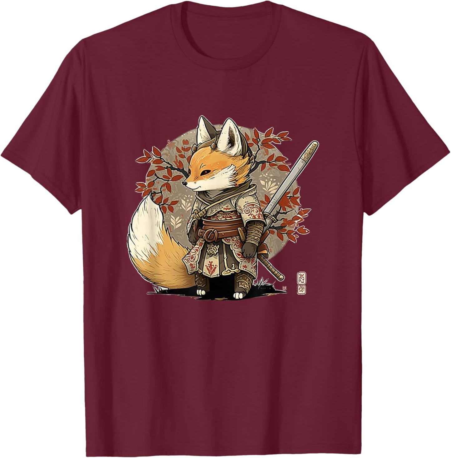 Kawaii Japanese Style Samurai Fox Anime T-Shirt - T-Shirt | Maroon