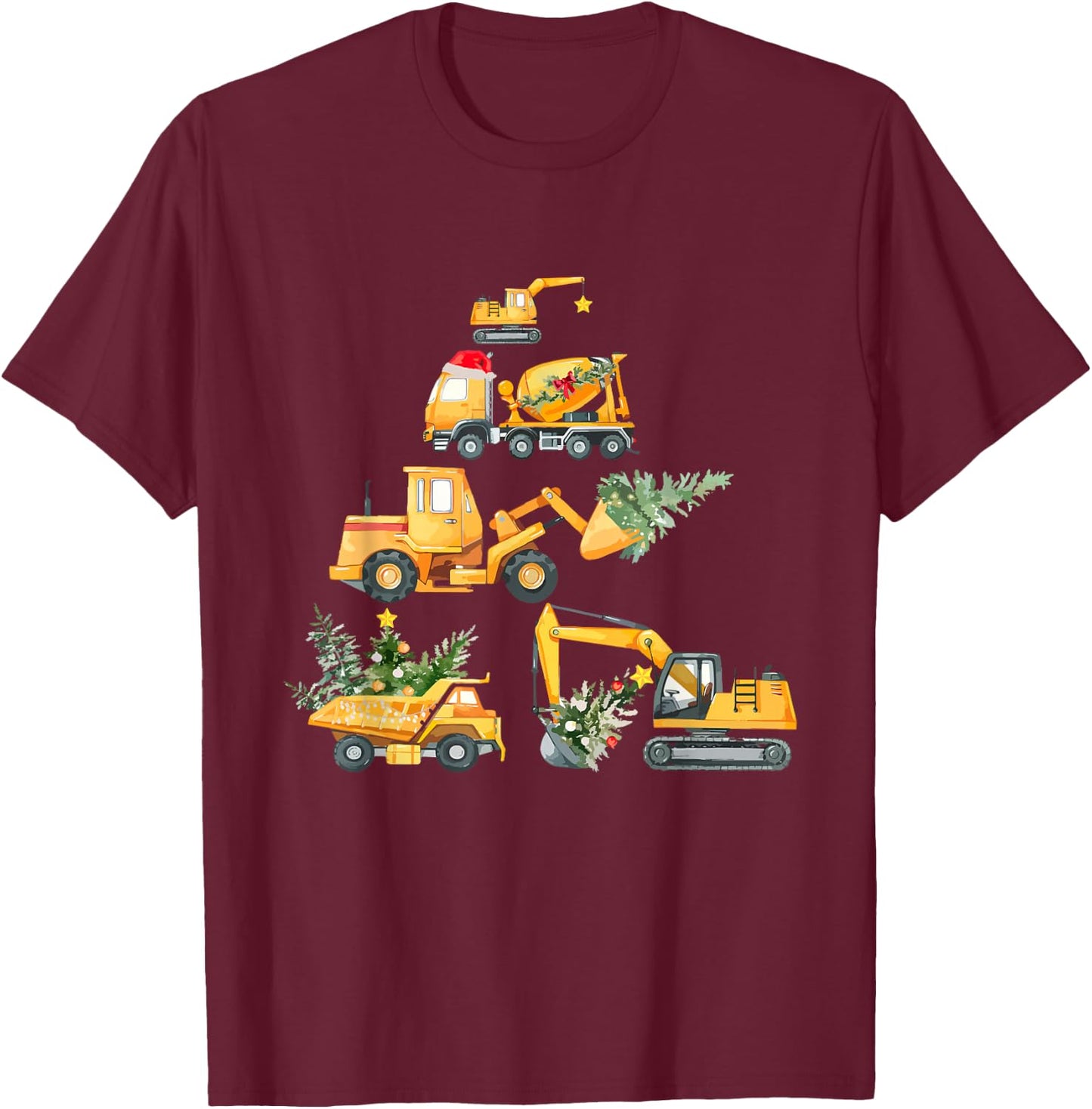 Christmas Excavator Construction Truck Xmas Tree Boys Kids T-Shirt - T-Shirt | Maroon