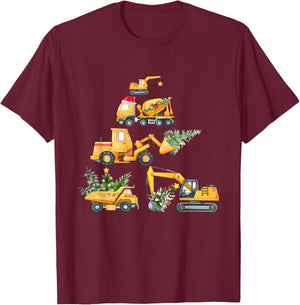 Christmas Excavator Construction Truck Xmas Tree Boys Kids T-Shirt - T-Shirt | Maroon