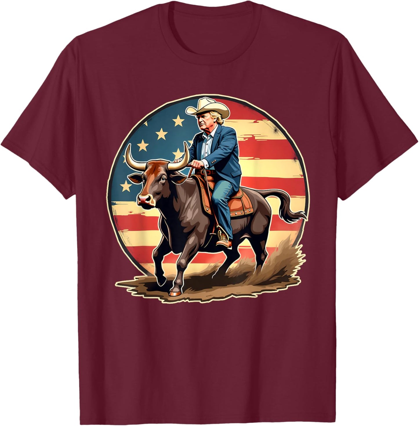 Trump Bull Rider American Flag USA Riding Rodeo Cowboy T-Shirt - T-Shirt | Maroon