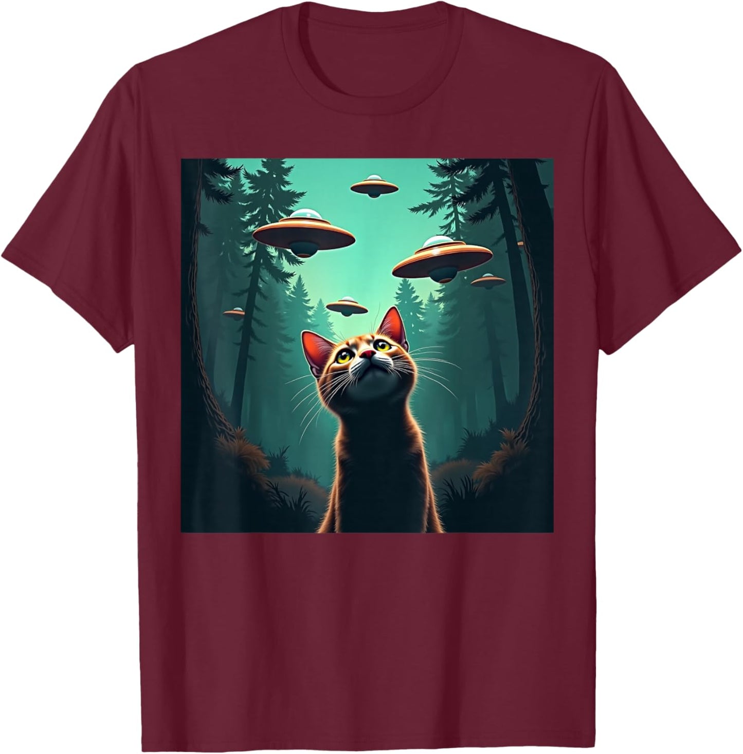 Cute Cat Selfie With UFO Invasion Alien Spaceship T-Shirt - T-Shirt | Maroon