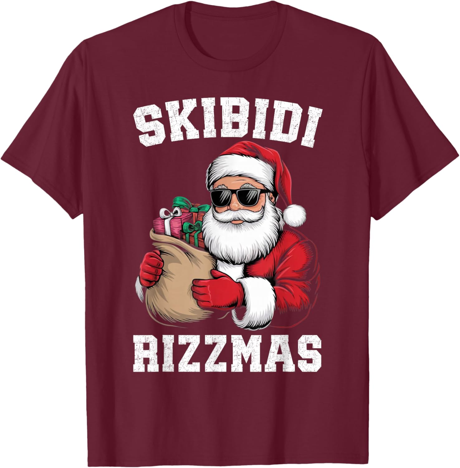 Skibidi Rizzmas Christmas Rizz Santa Claus Funny Xmas T-Shirt - T-Shirt | Maroon