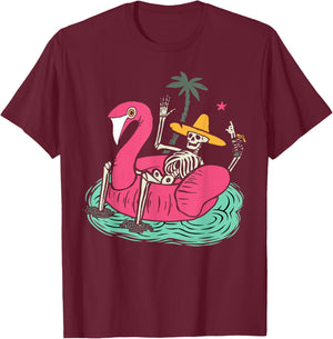 Skeleton Flamingo Float Vacation Beach Drink Retro Halloween Men Women T-Shirt - T-Shirt | Maroon