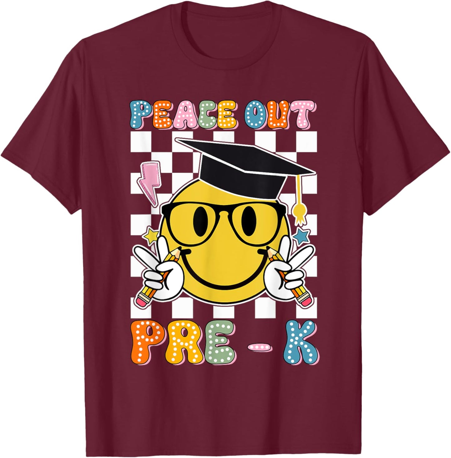 Peace Out Pre K Last Day of School Smile Face Teachers Kids T-Shirt - T-Shirt | Maroon