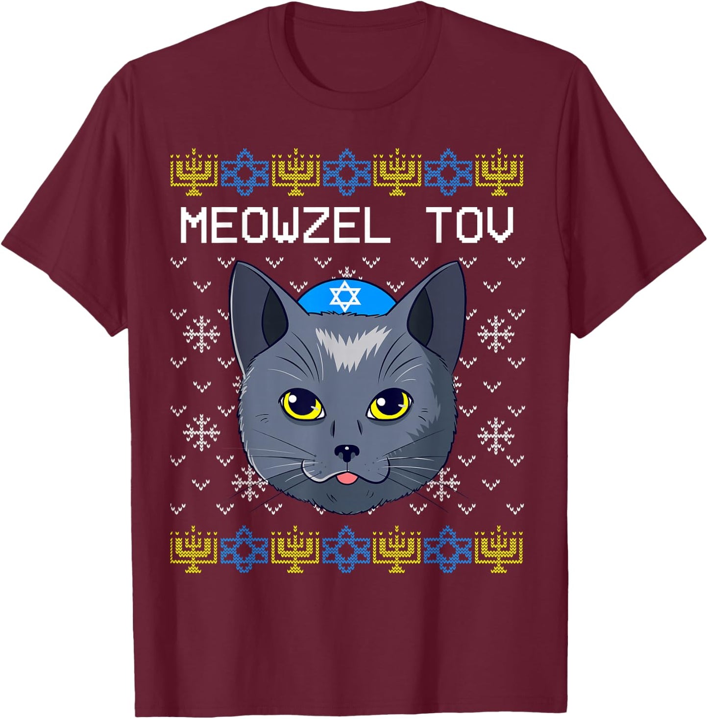 Meowzel Tov Ugly Hanukkah Cat Chanukah Jewish T-Shirt - T-Shirt | Maroon