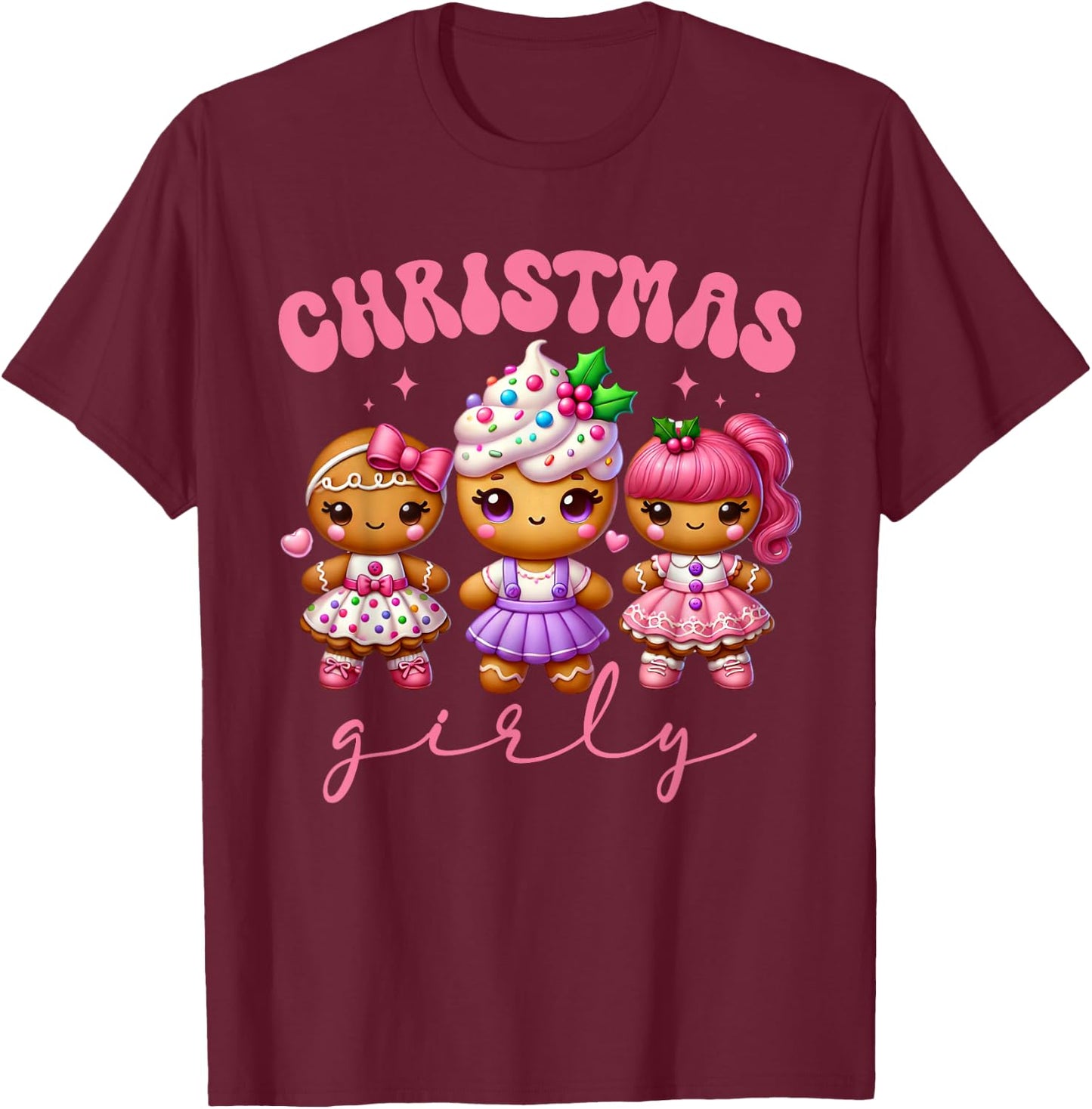 Pink Cute Gingerbread Christmas Girly Pajama Outfits T-Shirt - T-Shirt | Maroon