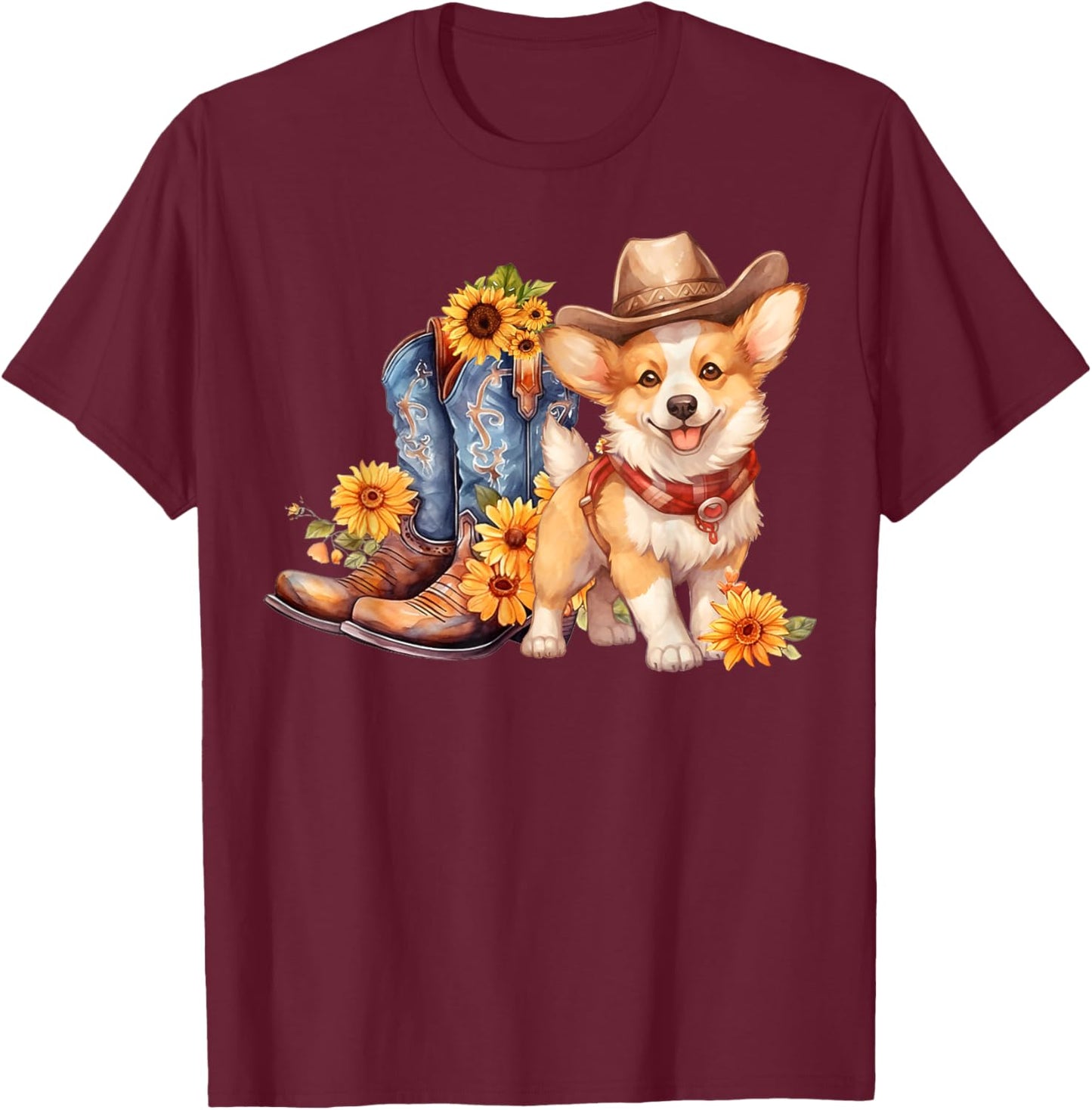 Pembroke Welsh Corgi Dog Cowgirl boots Cowboy hat Sunflower T-Shirt - T-Shirt | Maroon