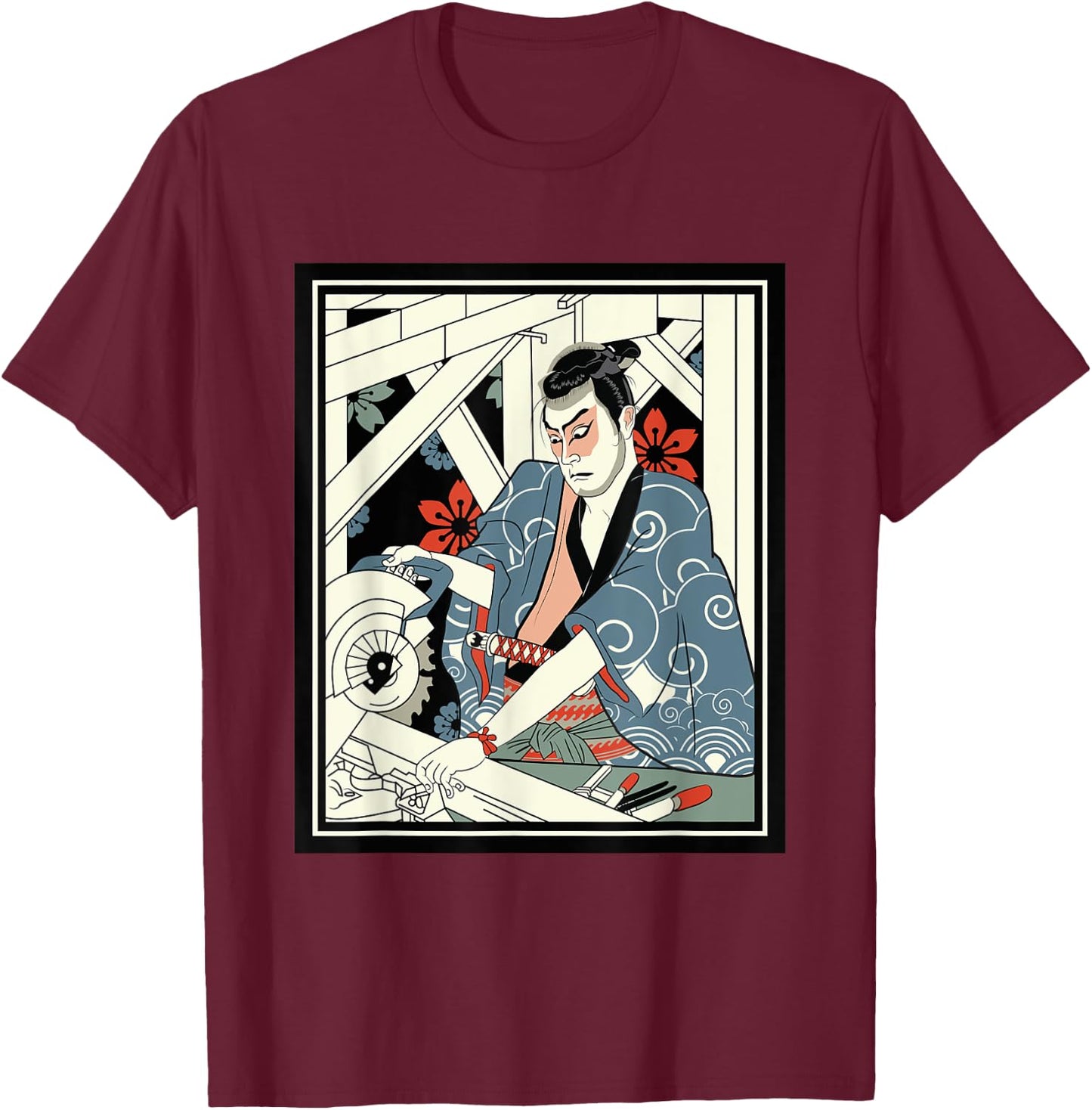 Carpenter Japanese Samurai Warrior Armor Sword Fighter Mask T-Shirt - T-Shirt | Maroon
