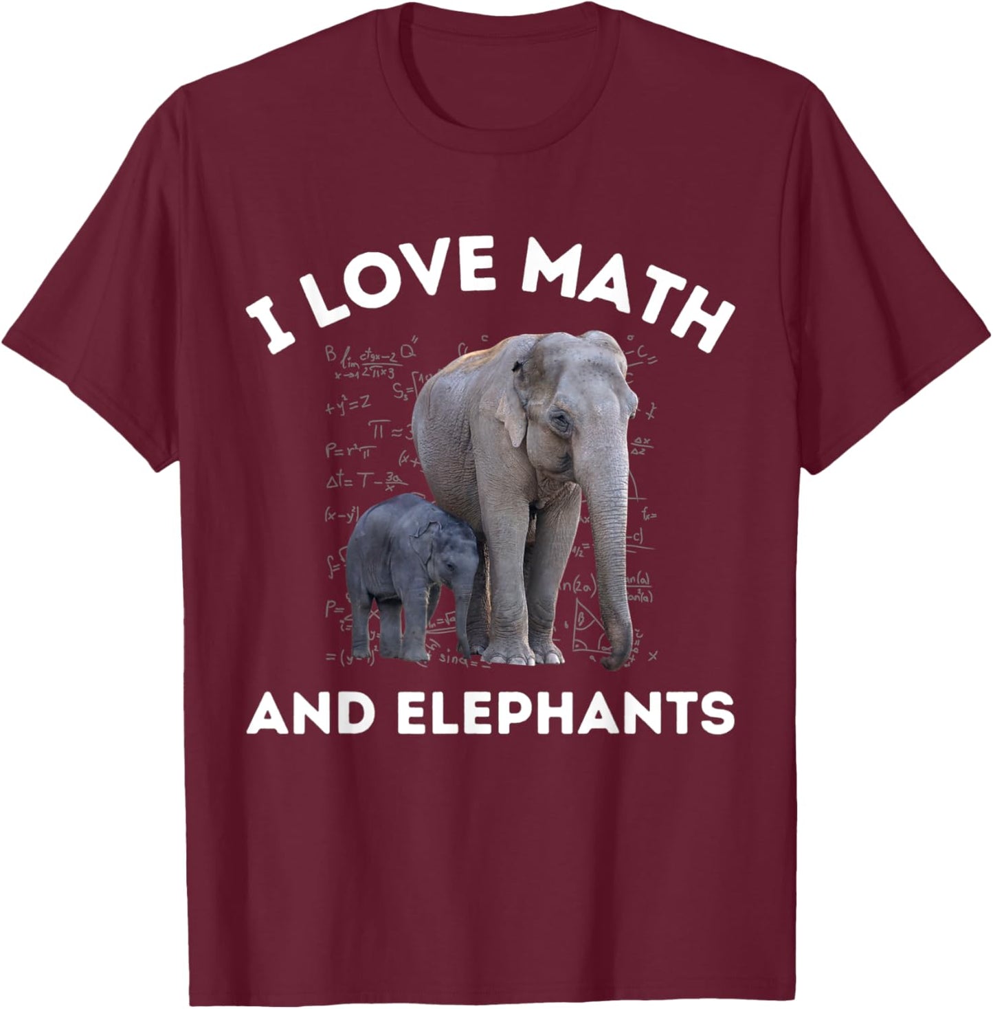 I Love Math and Elephants Elephant Lover Algebra Teacher T-Shirt - T-Shirt | Maroon