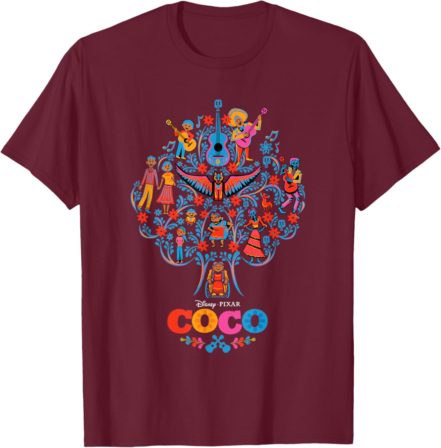Disney Pixar Coco Iconic Colorful Family Tree Chest Poster T-Shirt - T-Shirt | Maroon