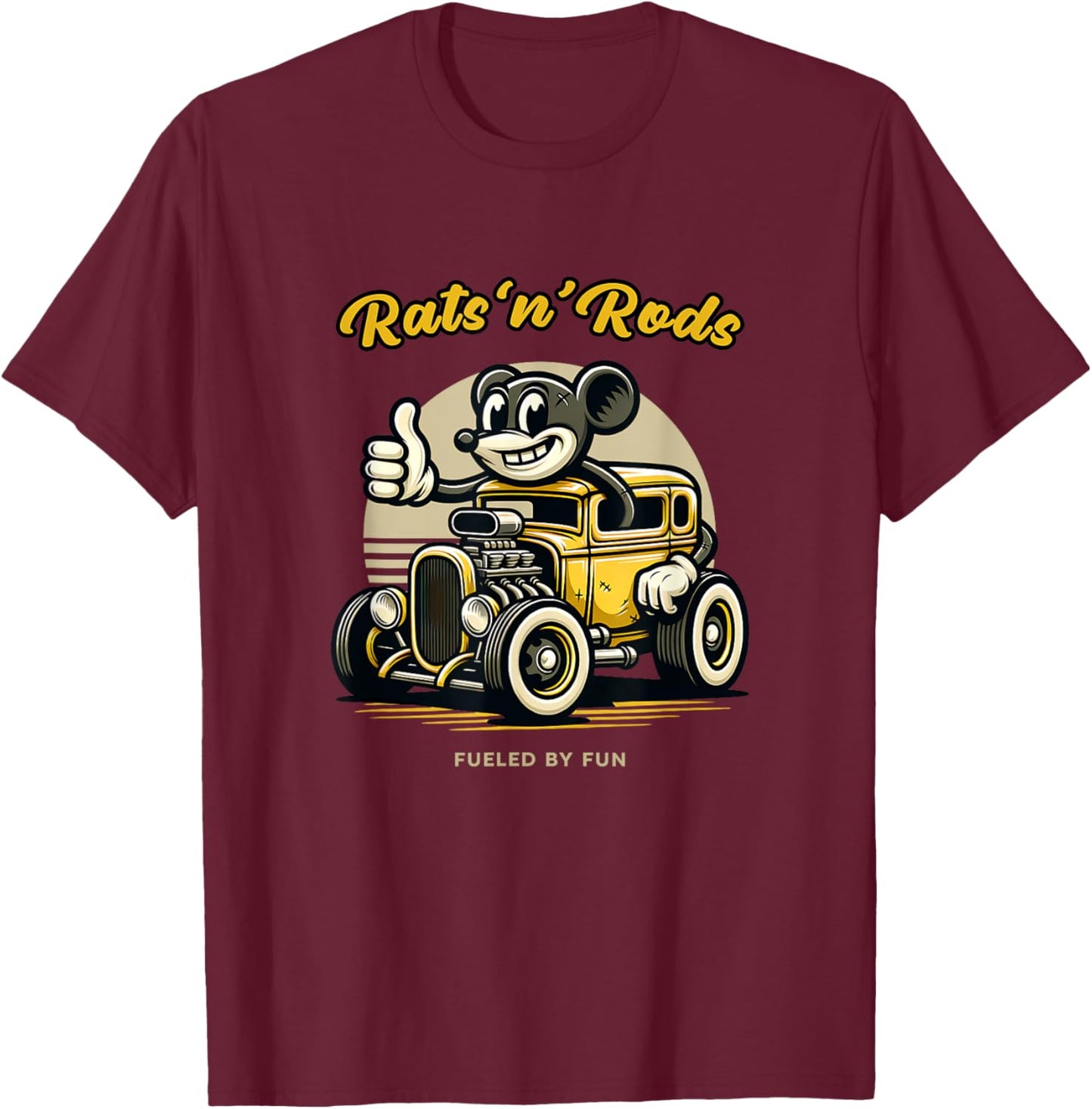 Powered by Fun Rats 'n' Rods Hot Rod Retro , Black, S T-Shirt - T-Shirt | Maroon