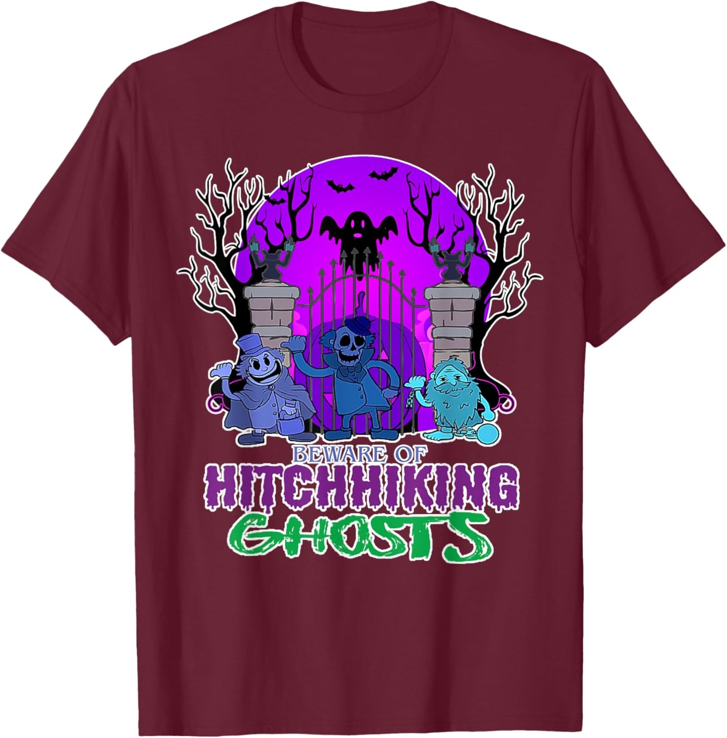 Beware Of Hitchhiking Ghosts Halloween Bat Funny T-Shirt - T-Shirt | Maroon