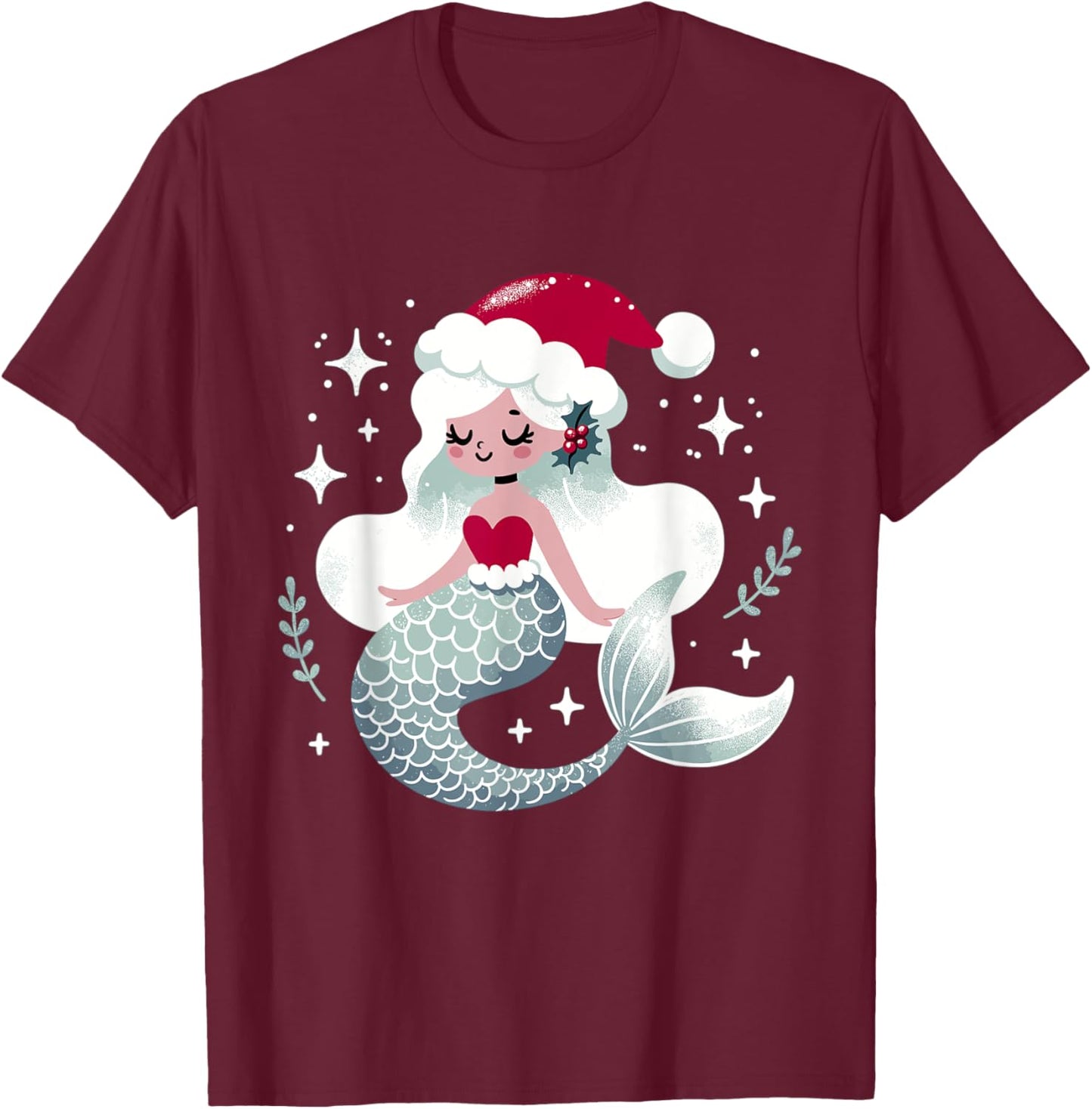 Cute Mermaid Santa Merry Christmas T-Shirt - T-Shirt | Maroon