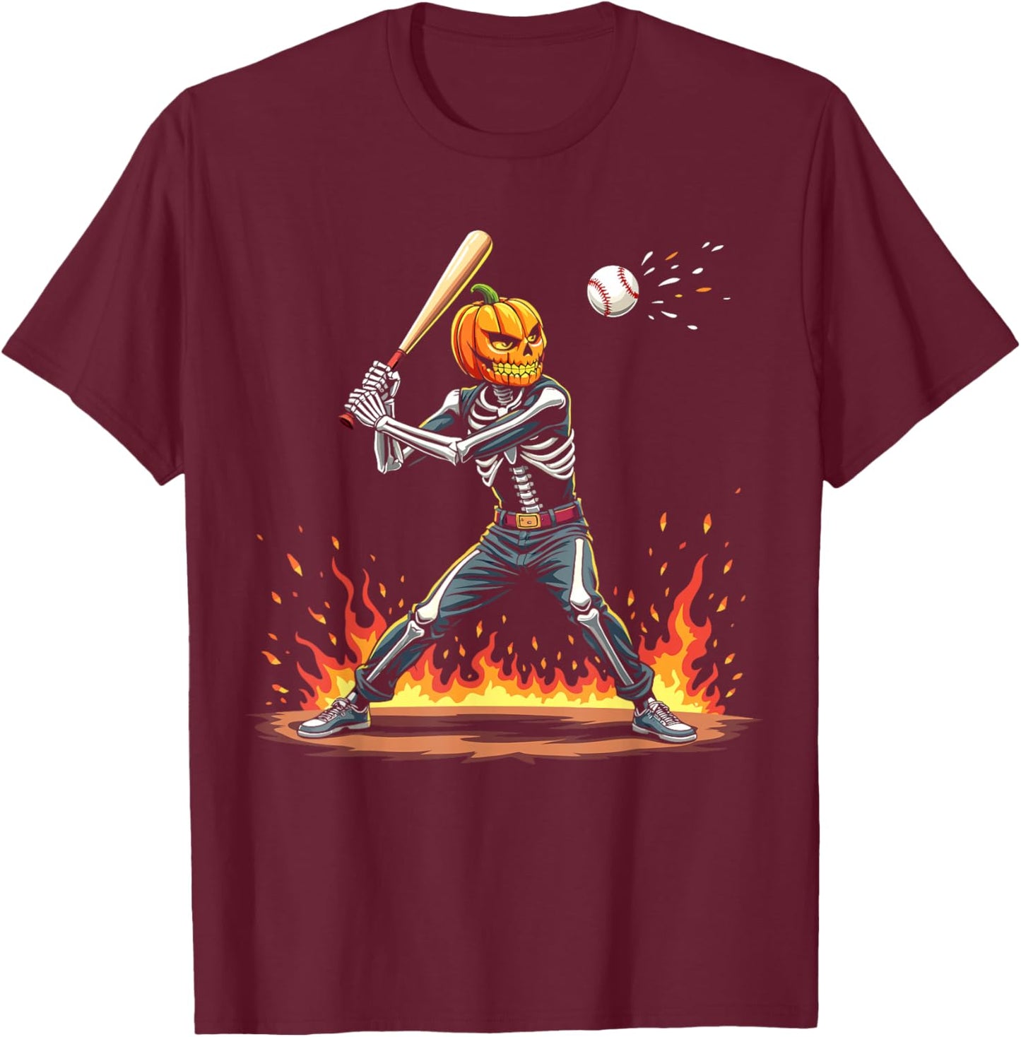 Pumpkin Head Skeleton Baseball Halloween Spooky Sports T-Shirt - T-Shirt | Maroon