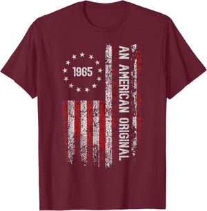 an American Original 1965 Birthday Vintage American Flag T-Shirt - T-Shirt | Maroon