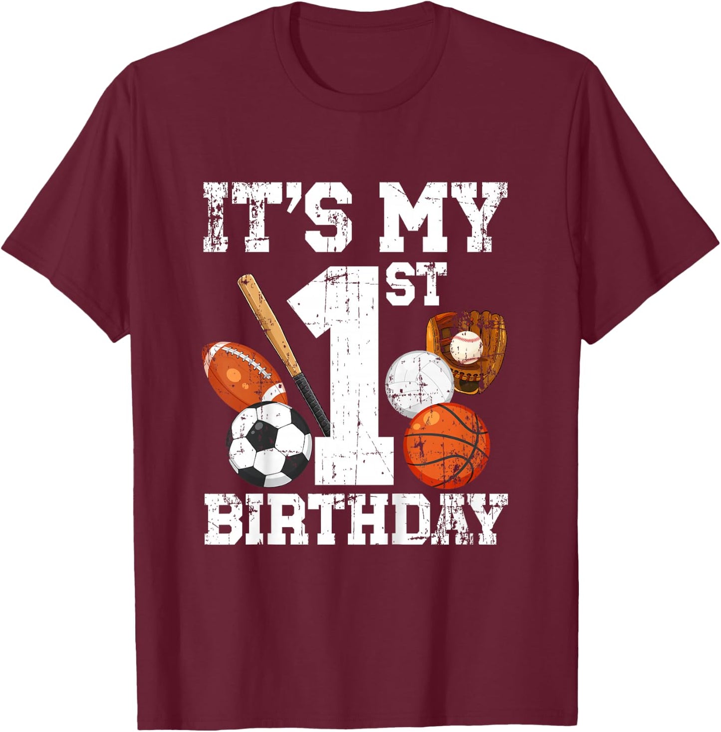 Kids 1st Birthday Sports Birthday Party One Year Old Boy Birthday T-Shirt - T-Shirt | Maroon