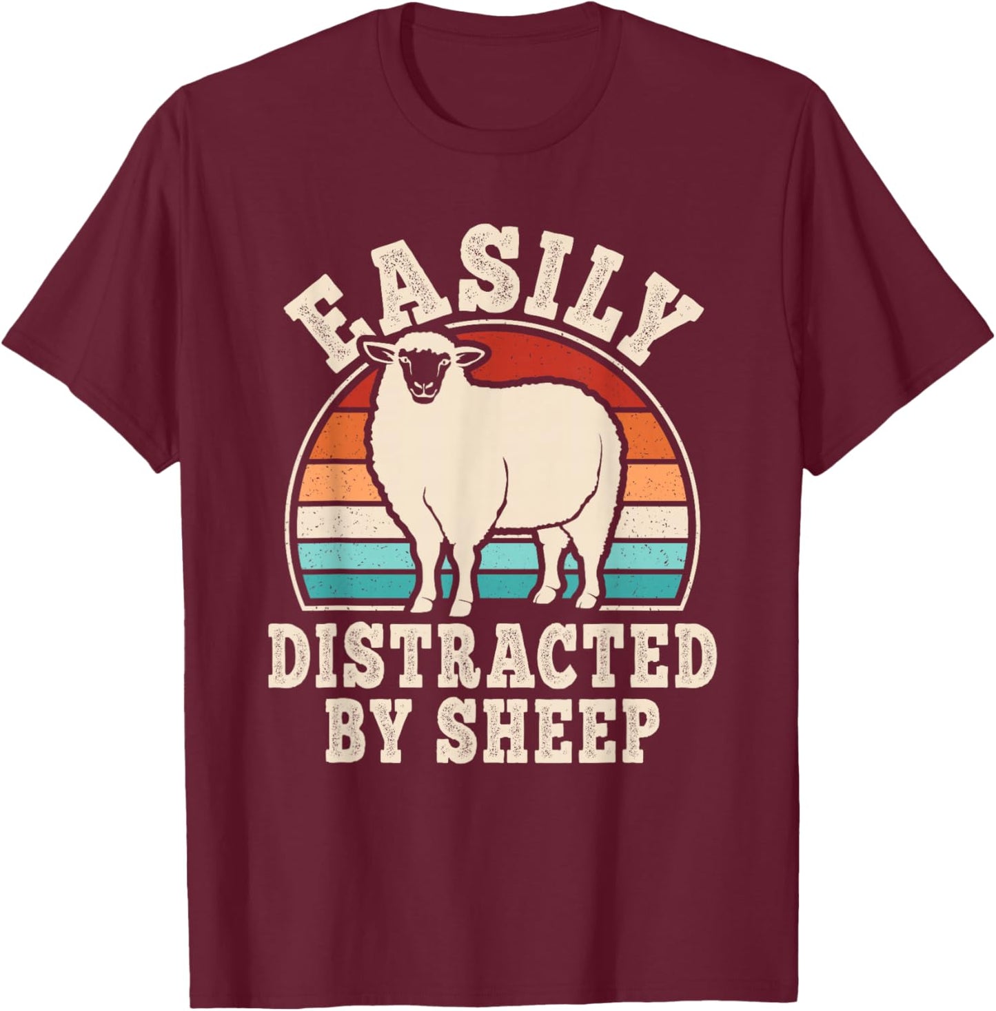 Easily Distracted by Sheep Retro Men Women T-Shirt - T-Shirt | Maroon