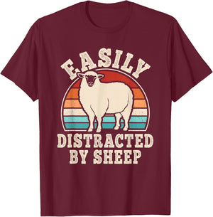 Easily Distracted by Sheep Retro Men Women T-Shirt - T-Shirt | Maroon