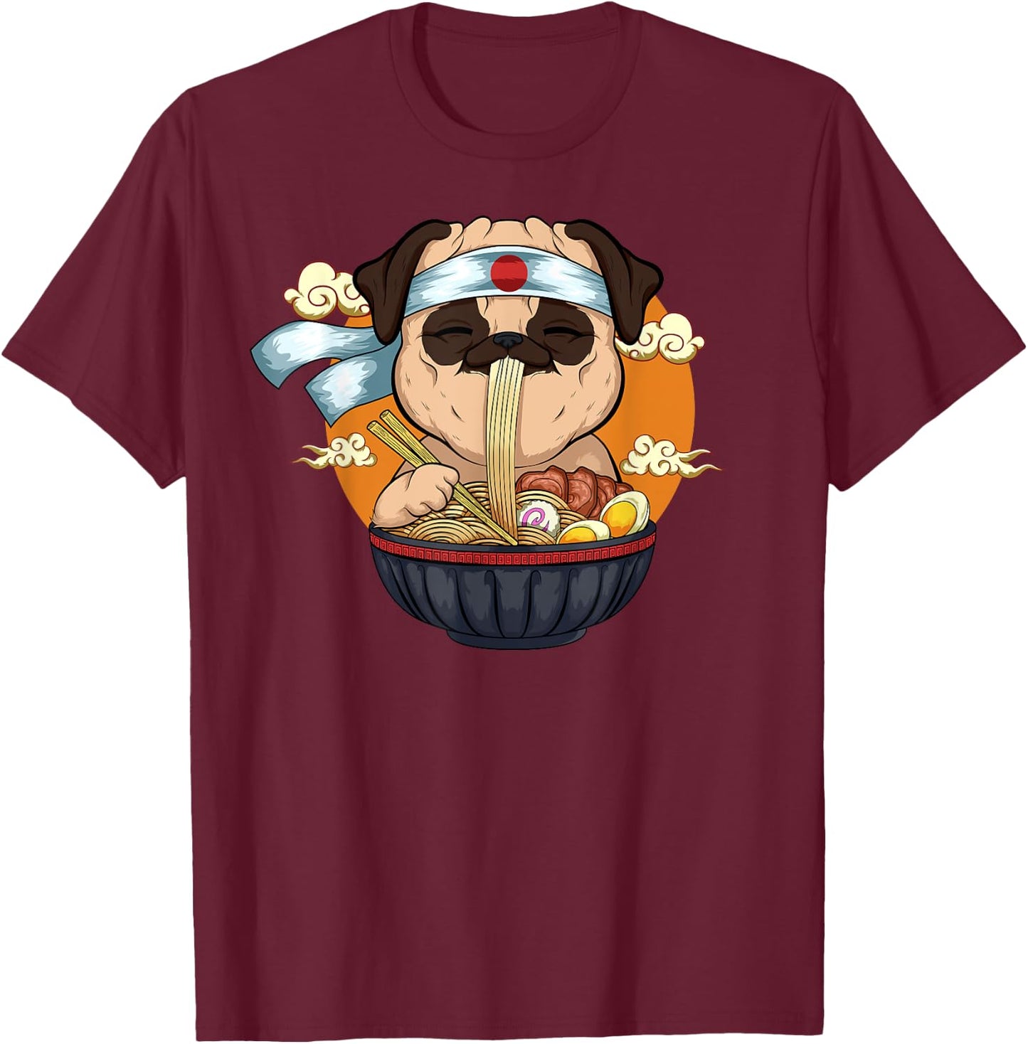 Japanese Ramen Pug Design Kawaii Anime Pug Dog Ramen Noodles T-Shirt - T-Shirt | Maroon