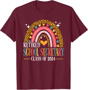 Retired School Secretary Class Of 2024 Leopard Rainbow T-Shirt - T-Shirt | Maroon