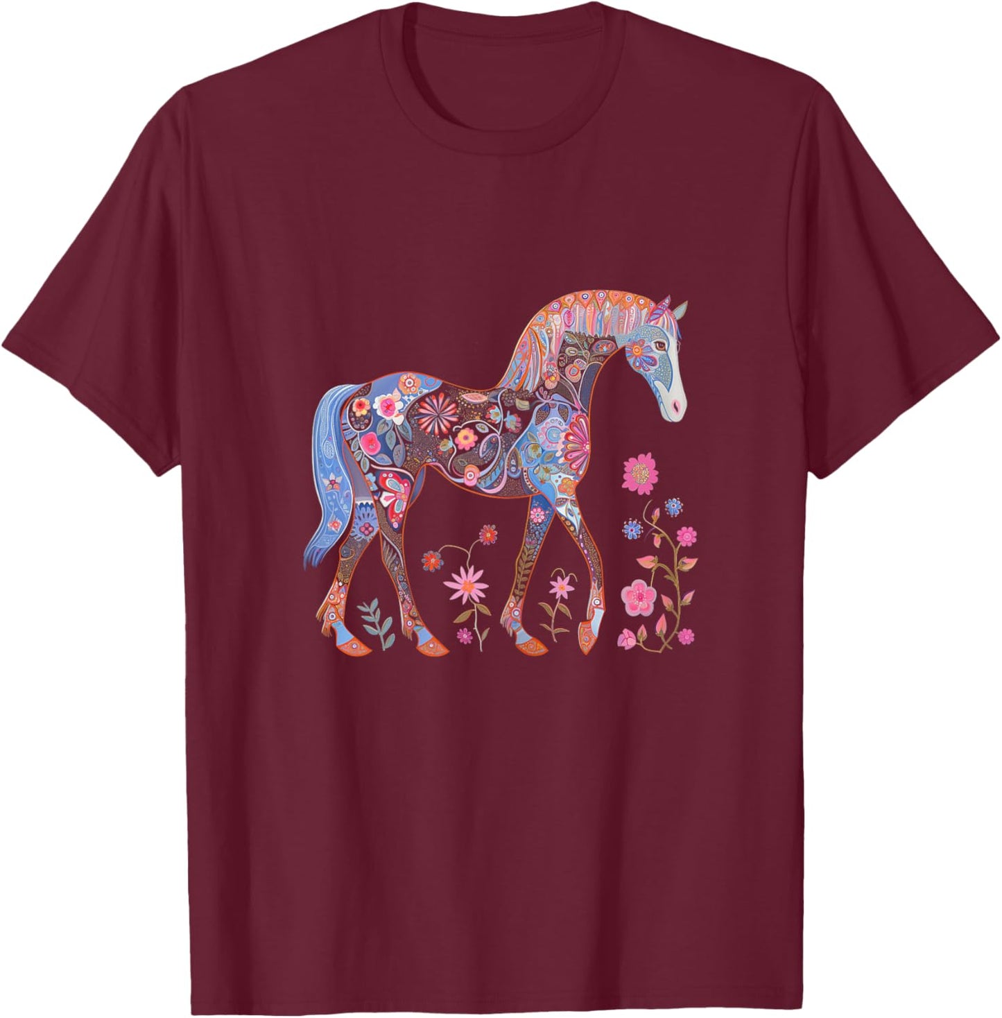 Horse Flowers Horseback Riding Equestrian Horse Girls Kids T-Shirt - T-Shirt | Maroon