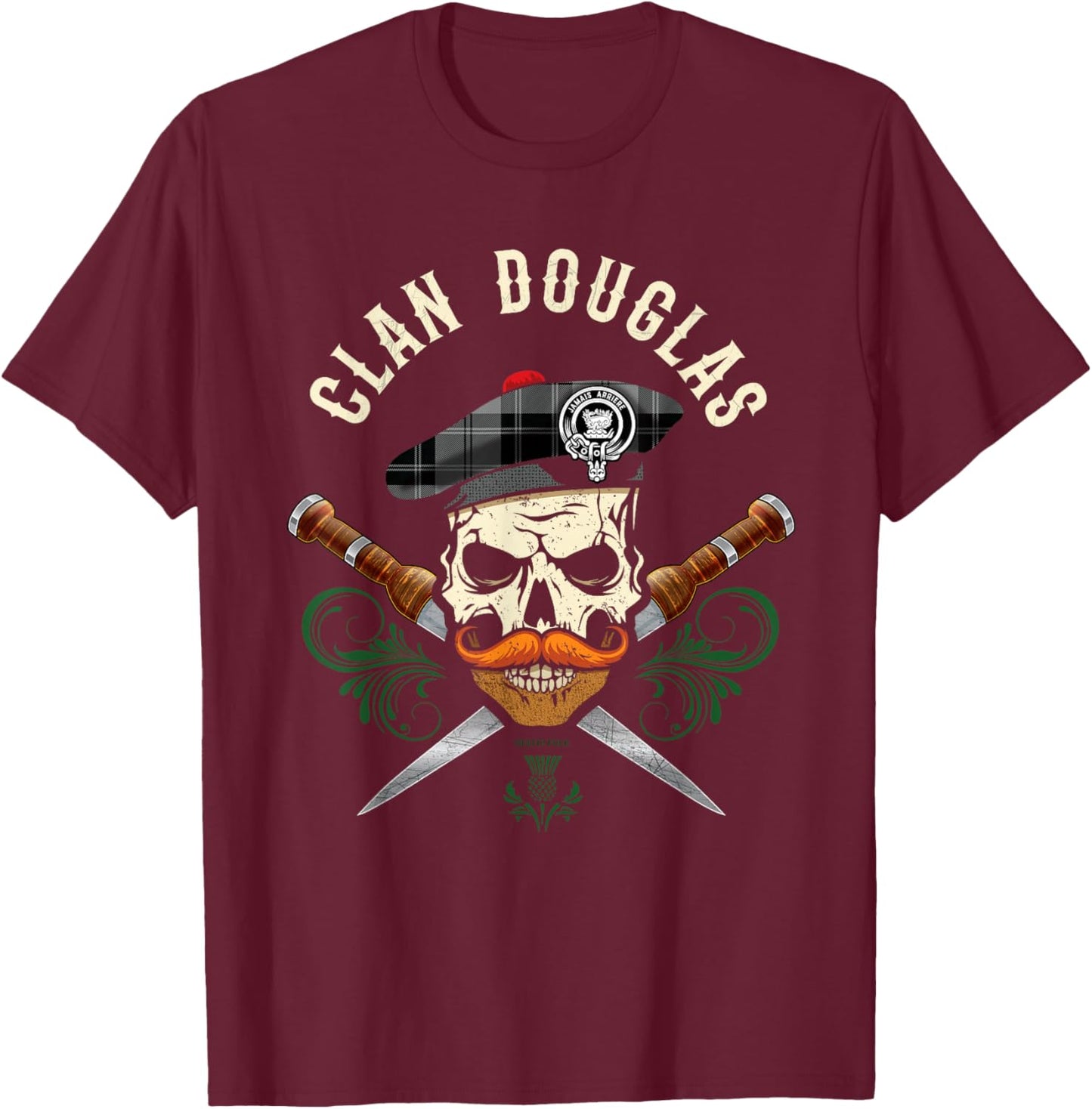 Scottish Clan Douglas Surname Skull Dirks Tartan Badge T-Shirt - T-Shirt | Maroon
