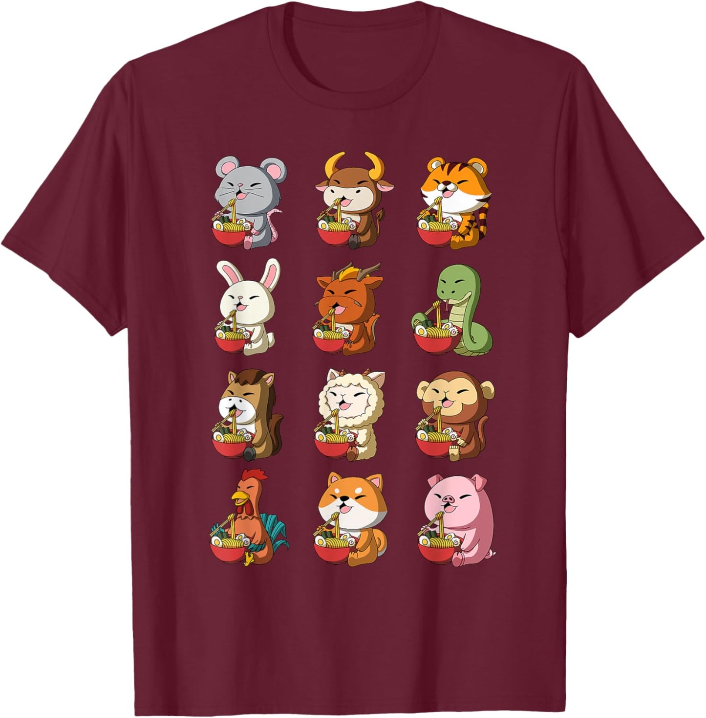Cute Chinese Zodiac Animals Ramen Noddle Lunar New Year T-Shirt - T-Shirt | Maroon