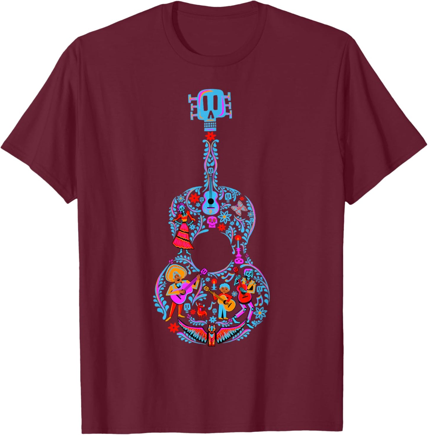 Disney Pixar Coco Guitar Collage Day Of The Dead Style Logo T-Shirt - T-Shirt | Maroon