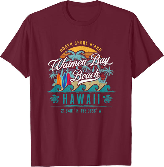 Waimea Bay Beach North Shore Oahu Hawaii Retro Sun Sand Surf T-Shirt - T-Shirt | Maroon