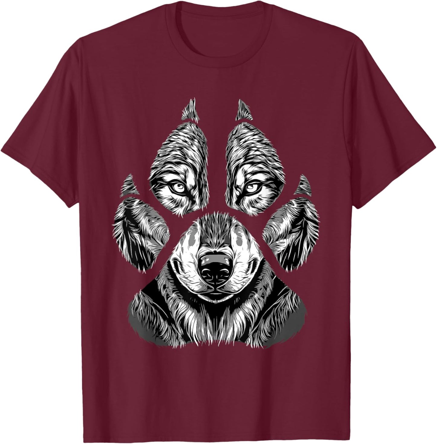 Wolf Face Footprints - Wildlife Animal Lover T-Shirt - T-Shirt | Maroon