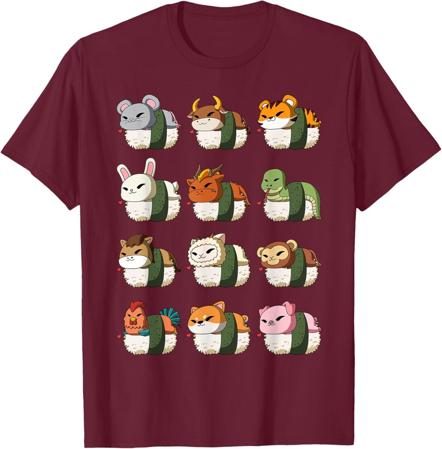 Cute Chinese Zodiac Animal Signs Lunar New Year Sushi T-Shirt - T-Shirt | Maroon