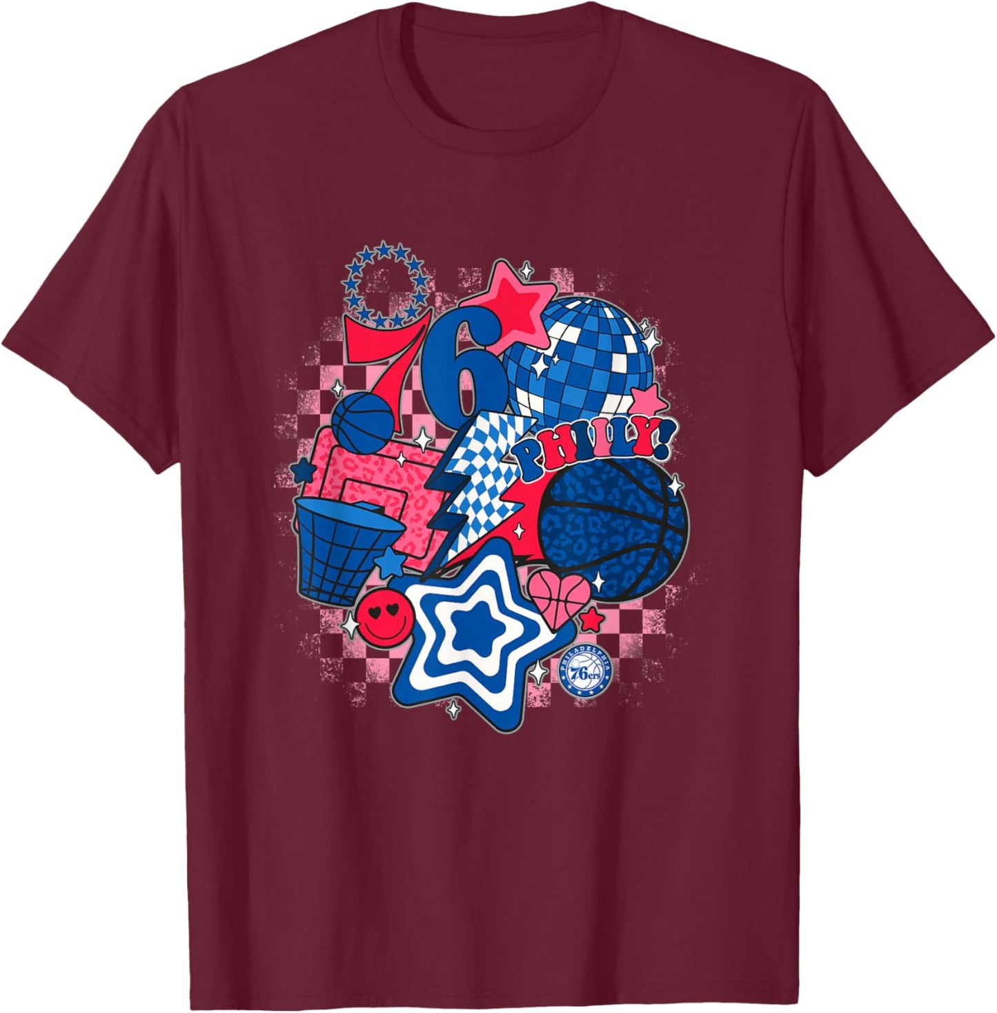 NBA Philadelphia 76ers Psychedelic Basketball Collage T-Shirt - T-Shirt | Maroon