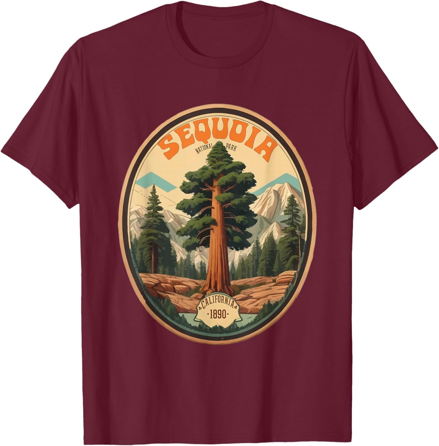 Sequoia National Park Tree Illustration Hiking Retro Badge T-Shirt - T-Shirt | Maroon
