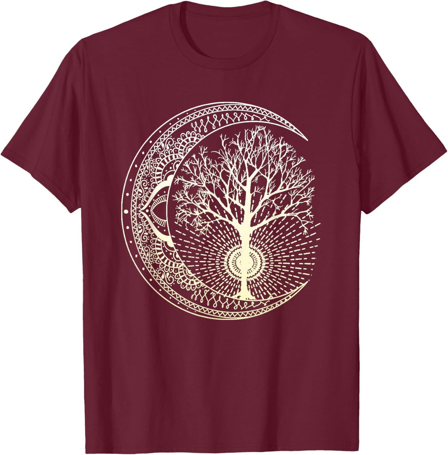 Mandala Moon Tree of Life Tattoo Style T-Shirt - T-Shirt | Maroon