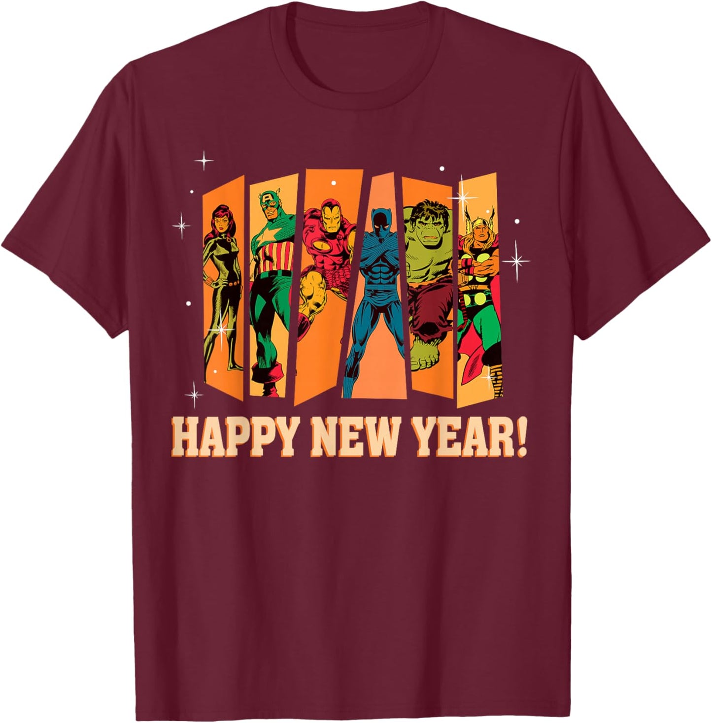 Marvel Avengers Retro Vintage Seventies Comic Happy New Year T-Shirt - T-Shirt | Maroon