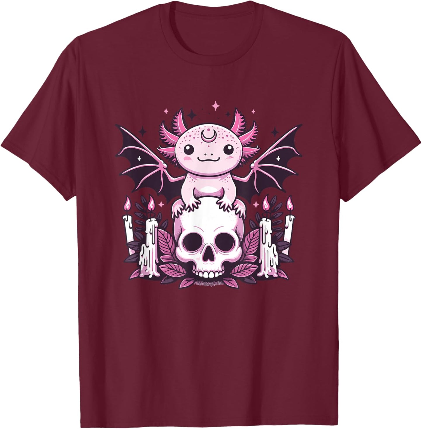 Kawaii Pastel Goth Cute Creepy Axolotl Bat Skeleton T-Shirt - T-Shirt | Maroon