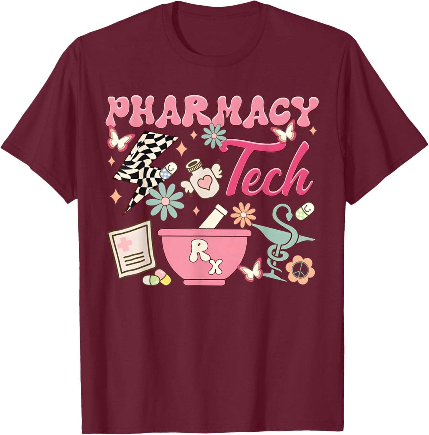 Vintage Pharmacy Tech Technician Pharmacist Student Flower T-Shirt - T-Shirt | Maroon