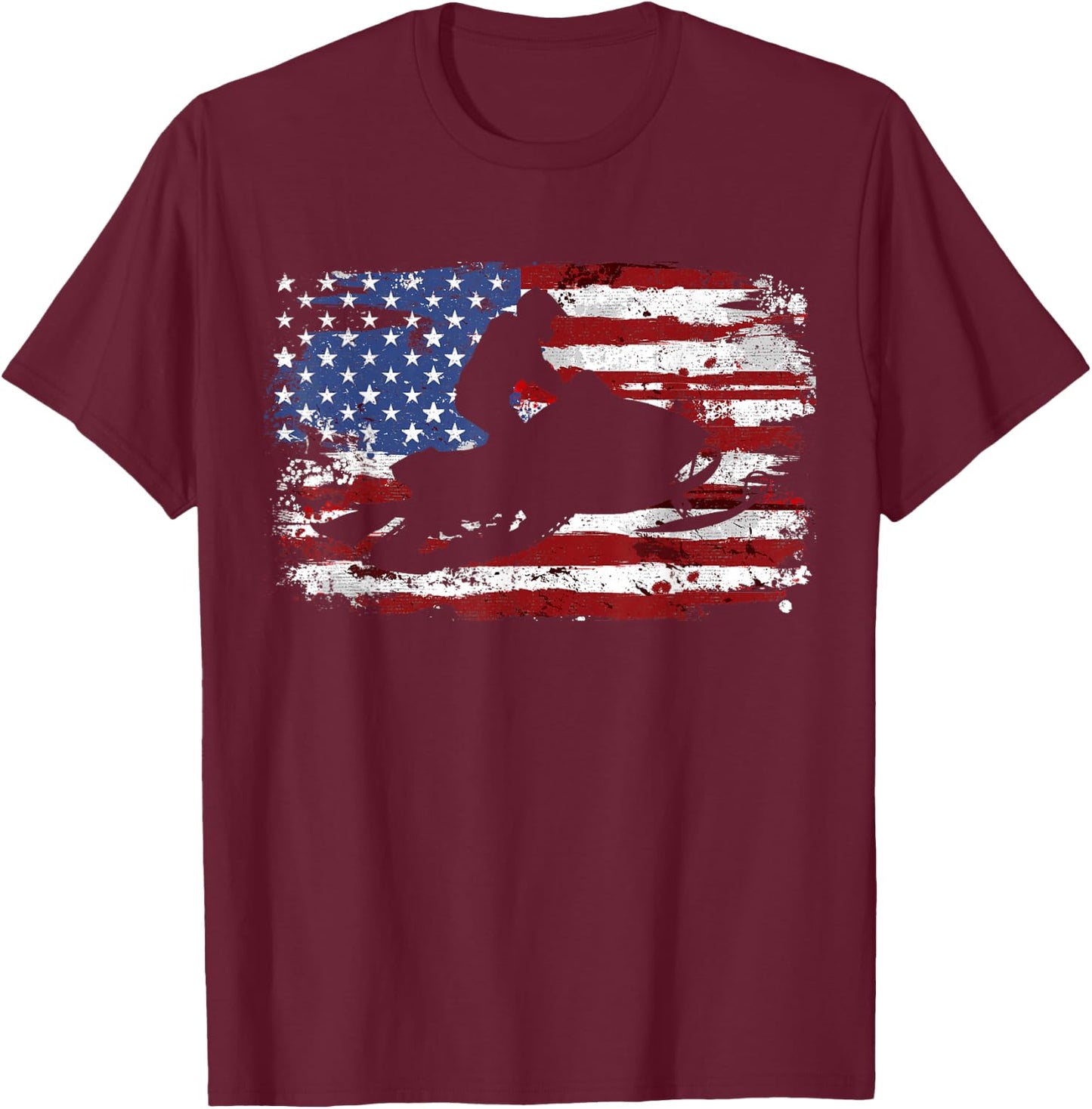 Snowmobile Vintage American Flag T-Shirt - T-Shirt | Maroon