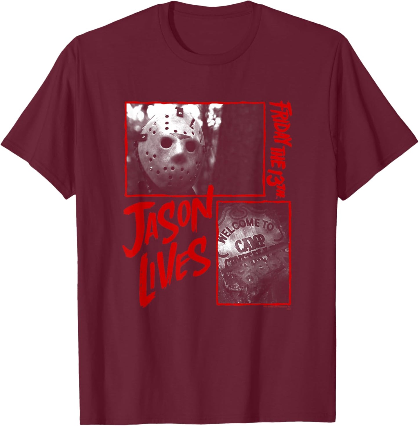 Friday The 13th Jason Lives Camp Collage T-Shirt - T-Shirt | Maroon