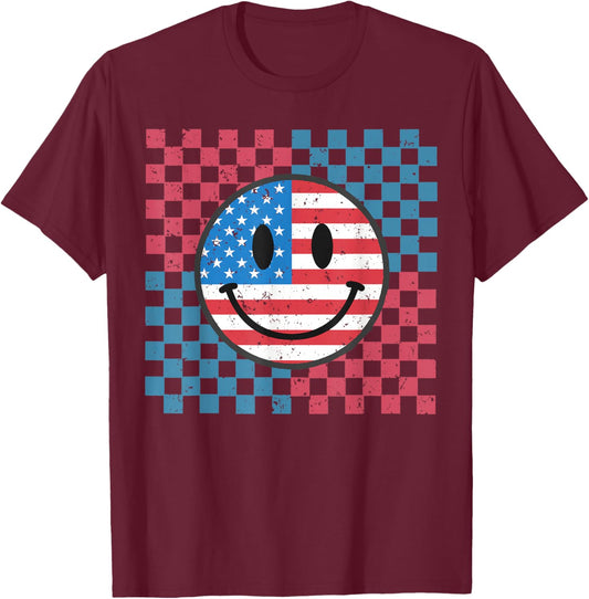 Groovy 4th Of July Smile Face USA Flag Freedom T-Shirt - T-Shirt | Maroon