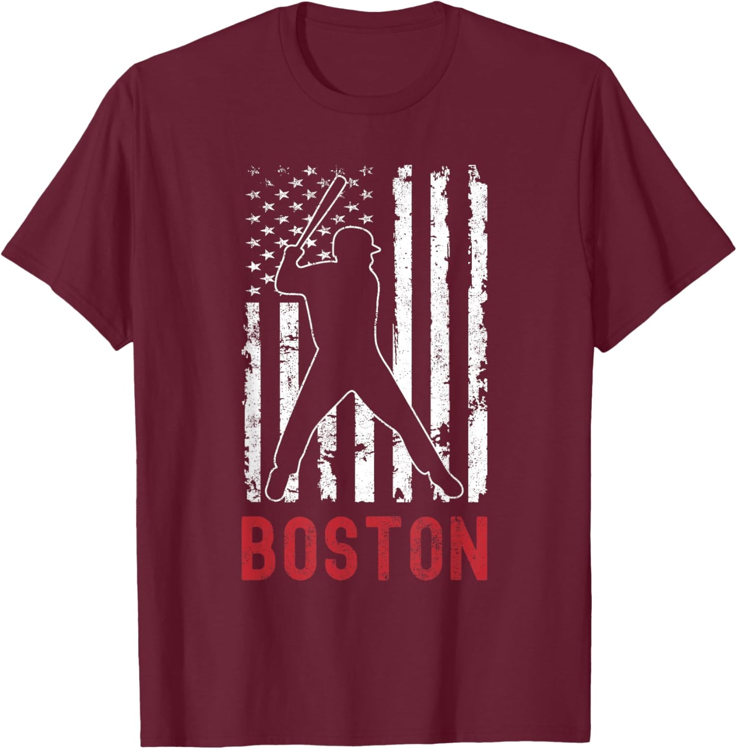 Boston Massachusetts American Flag Baseball Weathered T-Shirt - T-Shirt | Maroon