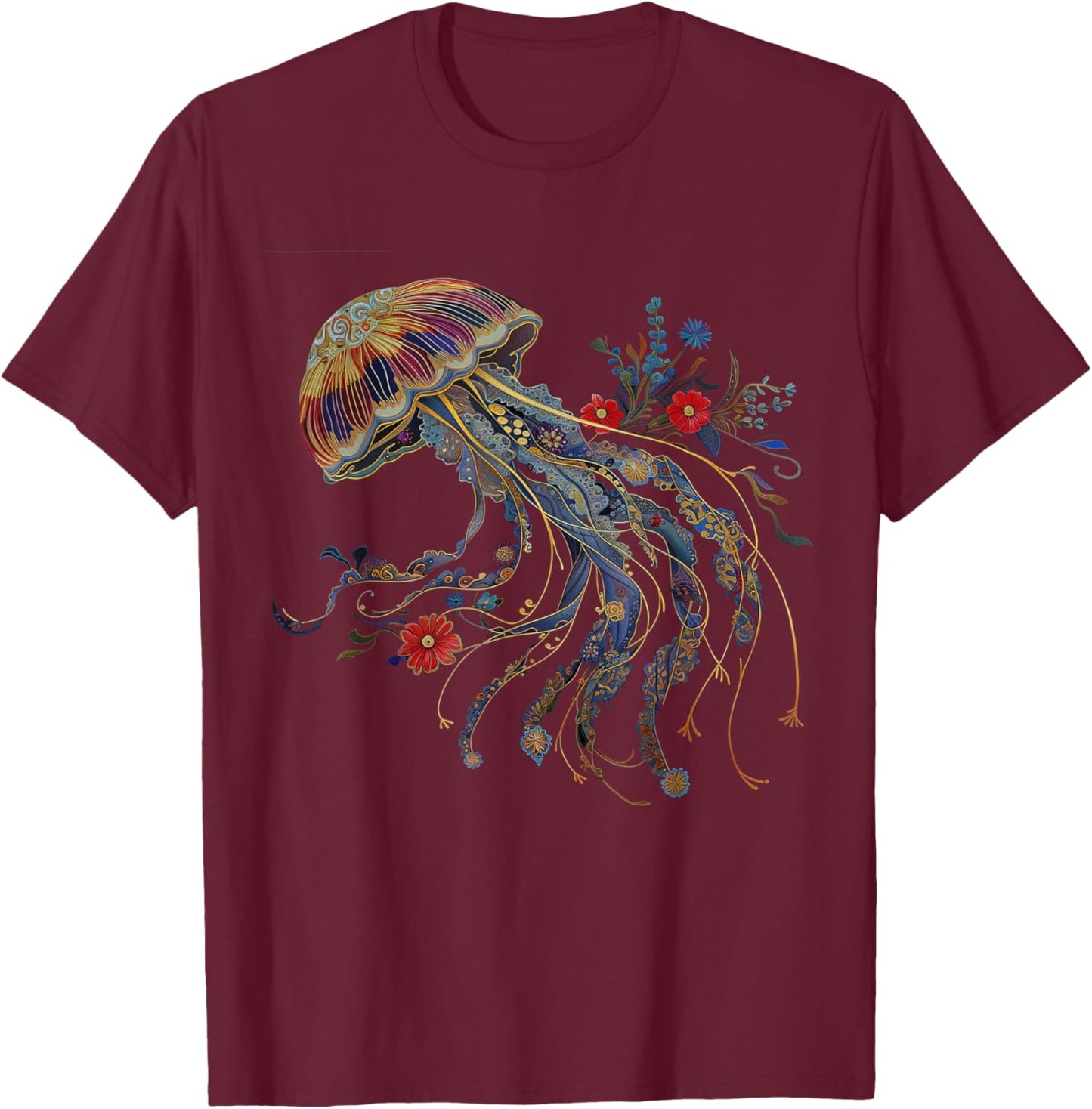 Jellyfish Floral Vintage Flowers Ocean Scuba Diving Diver T-Shirt - T-Shirt | Maroon