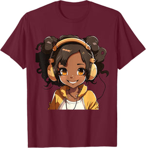 Anime and Music Black Girl Anime Merch Afro African American T-Shirt - T-Shirt | Maroon