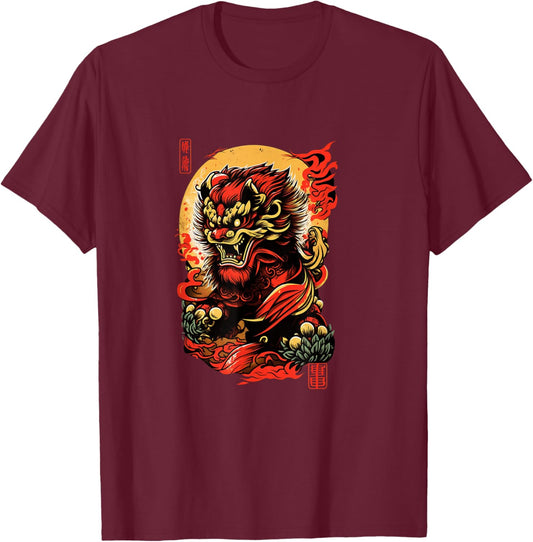 Mad Lion Dance Chinese Foo Dog T-Shirt - T-Shirt | Maroon