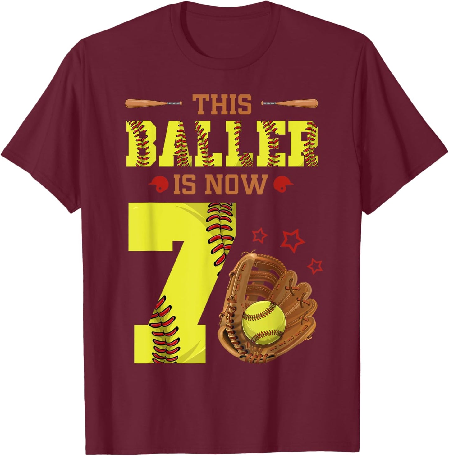 7th Birthday Softball This Baller Is Now Seven Girl 7 Yr Old T-Shirt - T-Shirt | Maroon