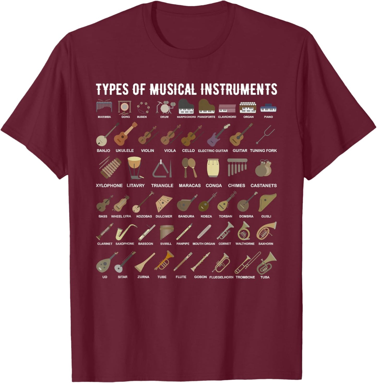 Types of Musical Instruments Shirt for Band Class T-Shirt - T-Shirt | Maroon