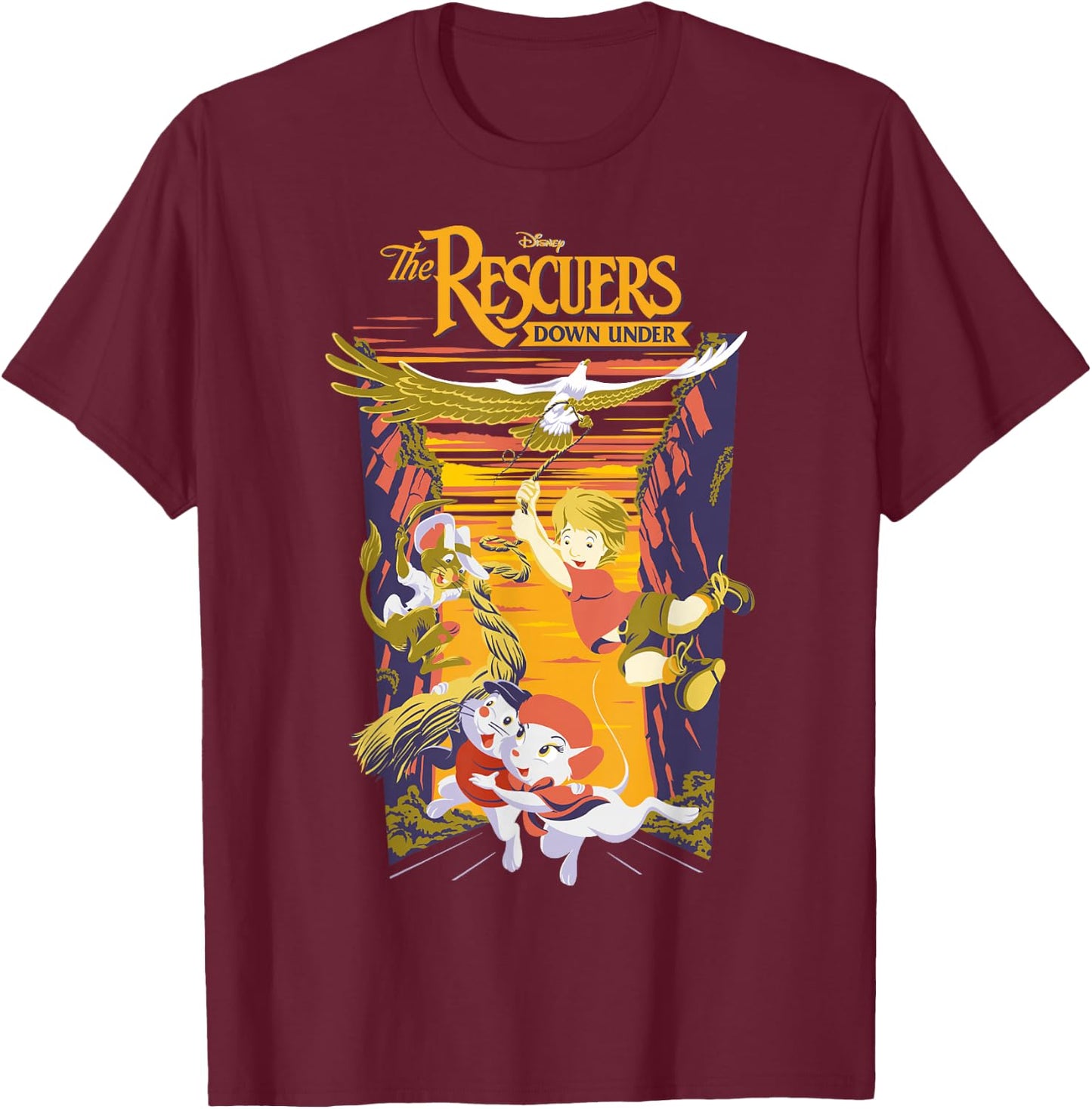 Disney The Rescuers Down Under Group Shot Sunset Poster T-Shirt - T-Shirt | Maroon