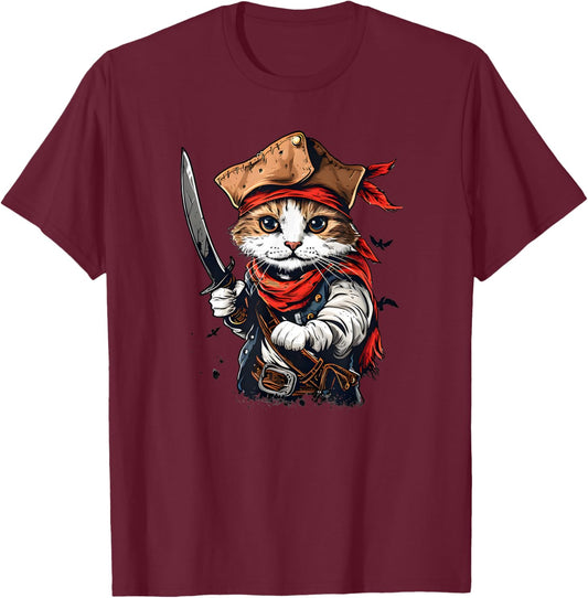 Swashbuckling Pirate Cat Voyage - Unleash Your Kitty's Inner Men Women Kids T-Shirt - T-Shirt | Maroon