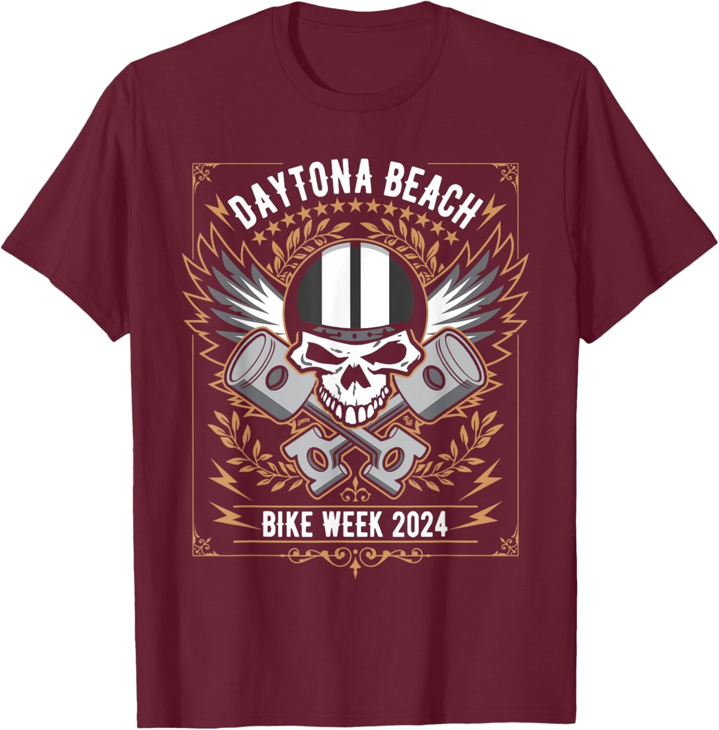 Daytona Beach Bike Week 2024 Retro Motorcycle Skull Design Men Women T-Shirt - T-Shirt | Maroon