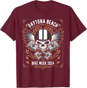 Daytona Beach Bike Week 2024 Retro Motorcycle Skull Design Men Women T-Shirt - T-Shirt | Maroon